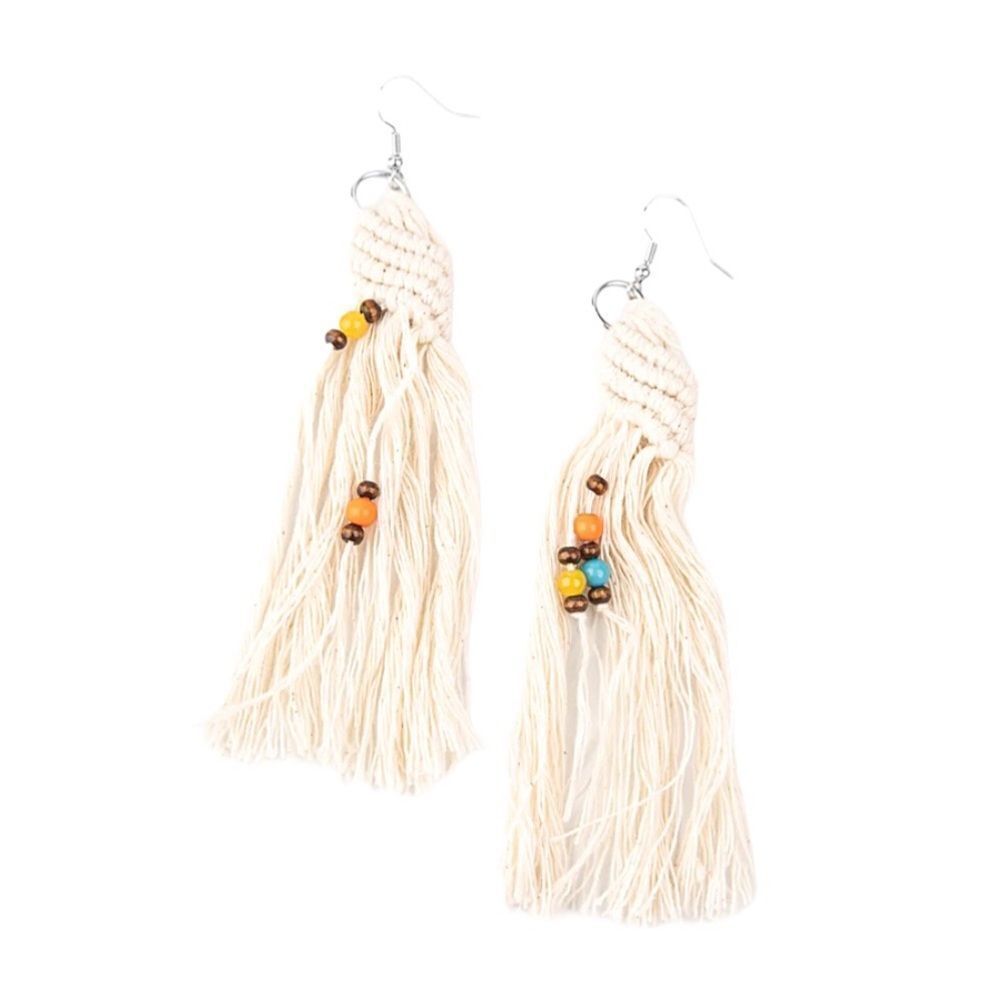 Macrame & Wooden Bead Fish Hook Style Beachy Tassle Statement Earrings Size OS